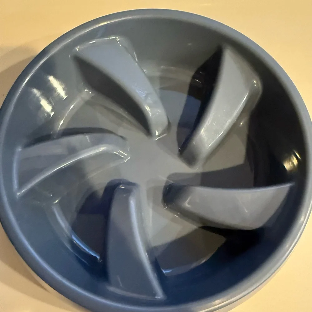 Blue Slow Feeder Dog Bowls (2) skid feet water or food 27” in diameter 2” depth